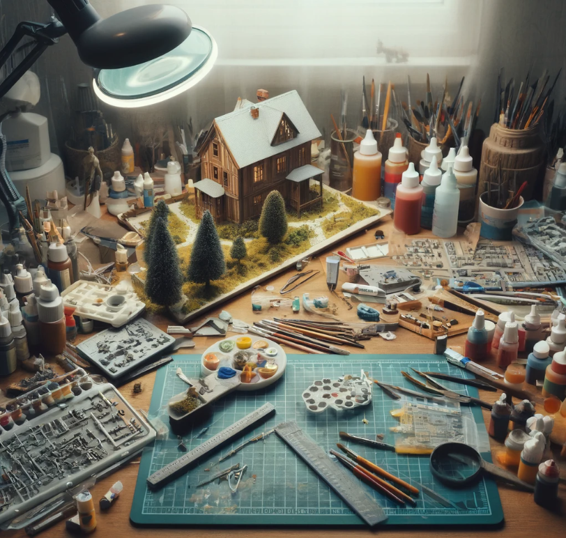 Une table remplie d'outils de construction de modèles et une miniature partiellement complétée.