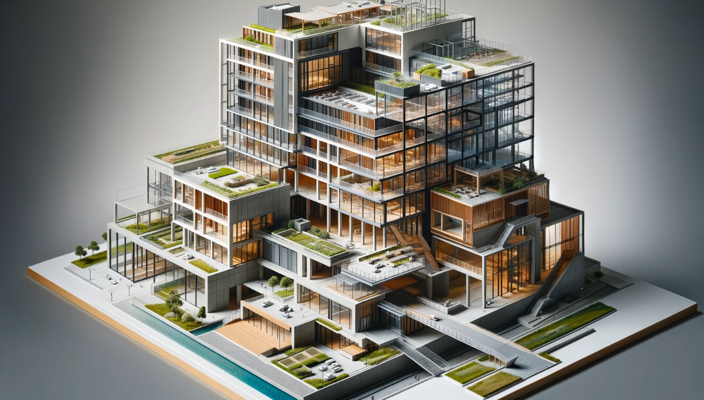 Modèle architectural détaillé d'un bâtiment moderne avec divers matériaux de construction.