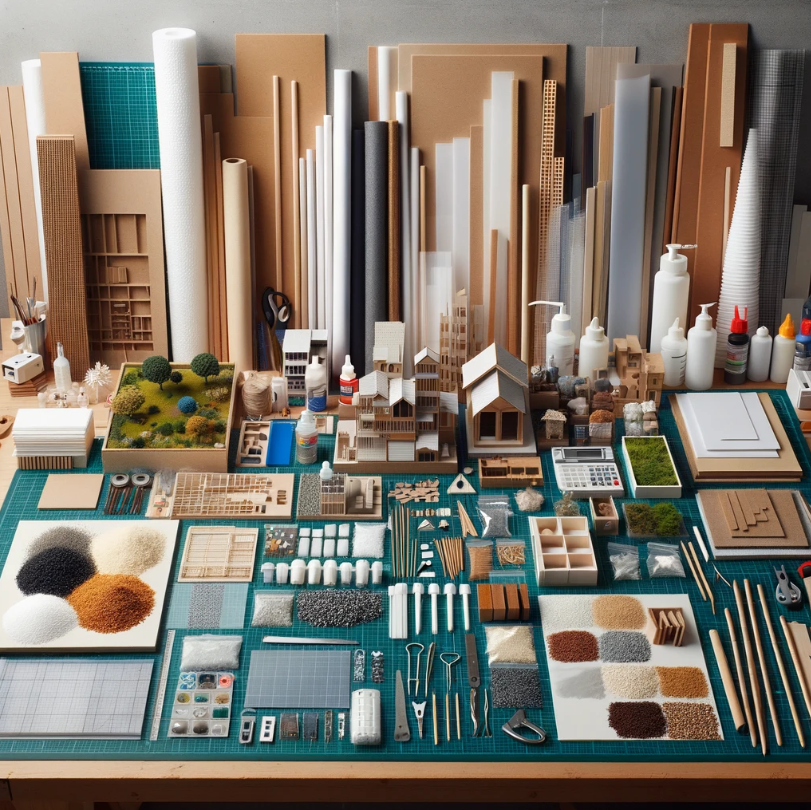 Divers matériaux pour la construction de modèles architecturaux utilisés par Ari Model.