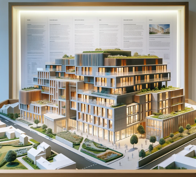 Maquette architecturale détaillée d'un bâtiment moderne, réalisée par Ari Maquette à Toulouse.
