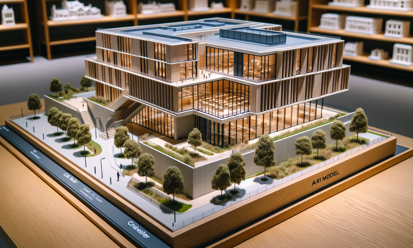 Maquette architecturale détaillée d'un bâtiment moderne, réalisée par Ari Maquette à Rennes.