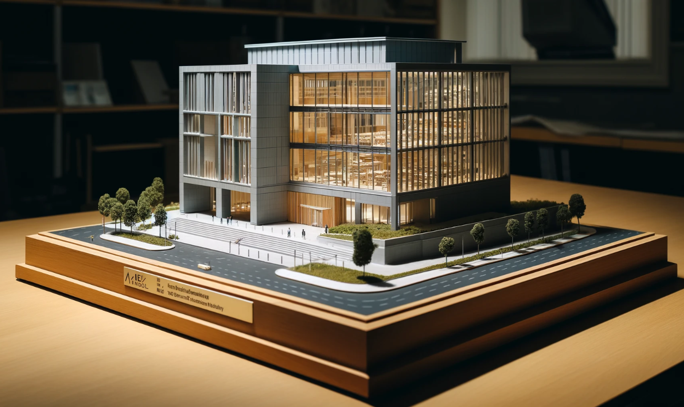 Maquette architecturale détaillée d'un bâtiment moderne, réalisée par Ari Maquette à Saint-Étienne.