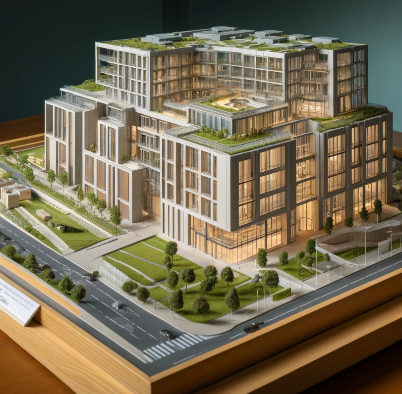 Maquette architecturale détaillée d'un bâtiment moderne, réalisée par Ari Maquette à Limoges.