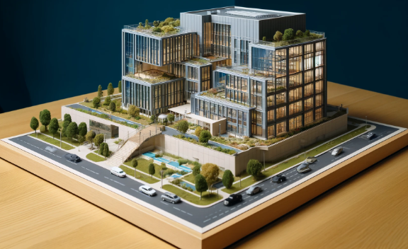 Modèle architectural détaillé d'un bâtiment moderne, réalisé par Ari Maquette à Orléans.