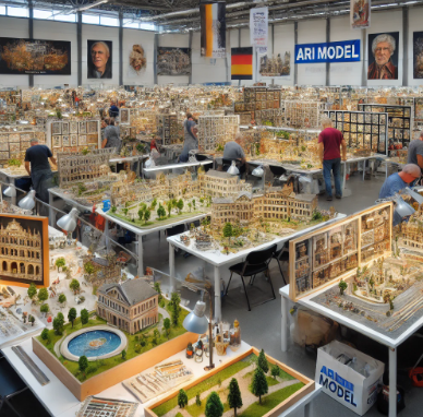  Stand d'exposition d'Ari Maquette à la Foire du Modélisme Chambéry avec des maquettes innovantes.