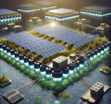 Un modèle détaillé de centrale solaire flottante réalisé par Ari Maquette, illustrant les panneaux solaires montés sur des plateformes flottantes et leur système de conversion d'énergie. Parfait pour des démonstrations techniques, des projets éd