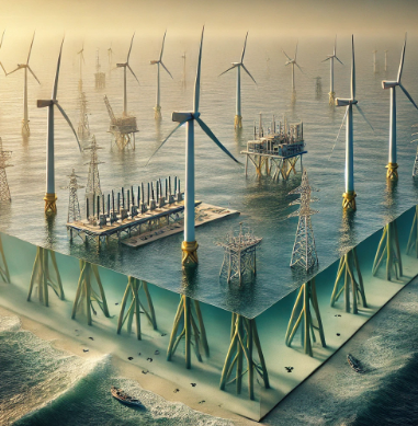 Un modèle d'énergie éolienne en mer conçu par Ari Maquette, montrant l'installation des turbines éoliennes au large des côtes, avec un système de transmission de l'énergie vers le réseau. Parfait pour la visualisation de projets énergé