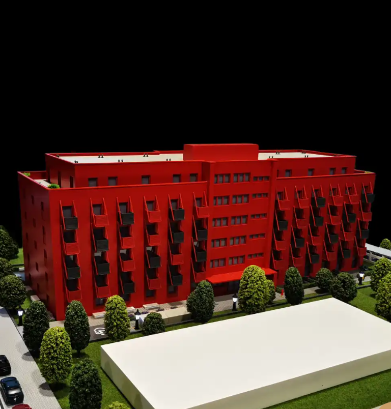 Une maquette physique d’une extrême précision réalisée par ARI Maquette, représentant un projet immobilier exposé au MIPIM, avec des textures réalistes, des détails architecturaux fidèles et une présentation esthétiquement soignée qui attire à la foi