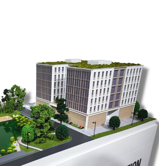 Une maquette architecturale haute définition réalisée par ARI Maquette, spécialement conçue pour une présentation au salon immobilier MIPIM. Ce modèle présente des détails architecturaux précis, des textures réalistes, des éléments éclairés et animés