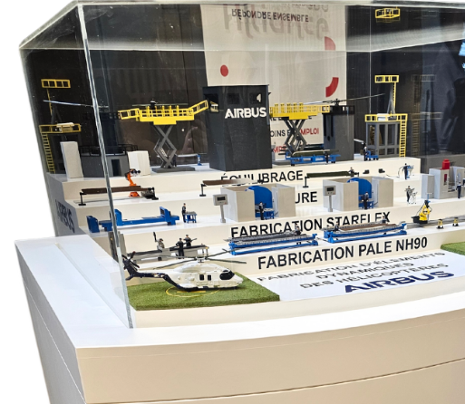 Maquettes physiques personnalisées de ARI Maquette pour la Swiss Property Fair, comprenant des complexes résidentiels, des immeubles commerciaux, des centres urbains mixtes et des projets de smart city. Grâce à l’intégration de LED, d’animations inte